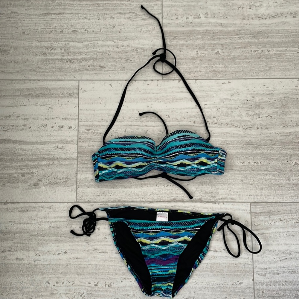 Xhilaration Blue Green Patterned Bandeau Bikini Set
